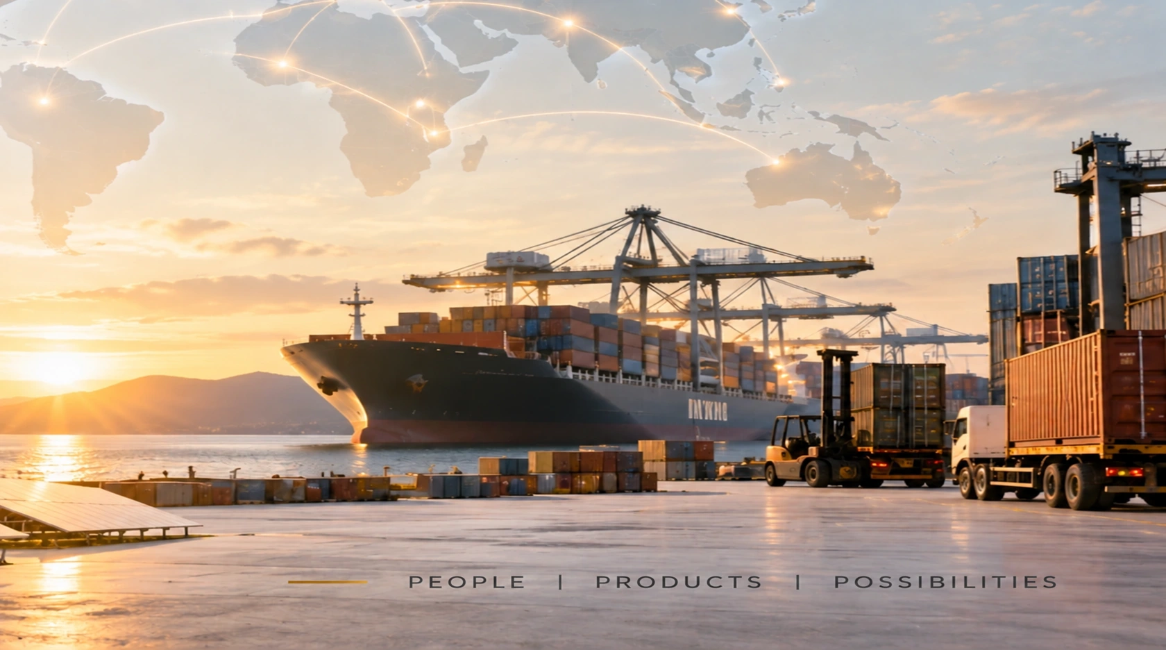 Original illustrative global sourcing image with a container port and world map