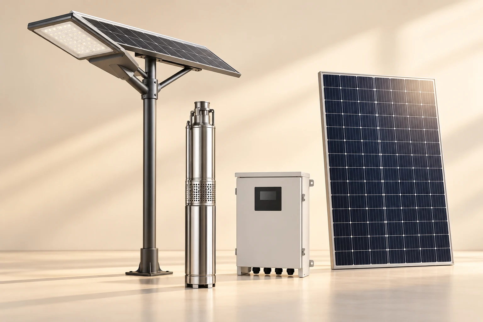 Illustrative solar lighting, pump, controller and panel equipment