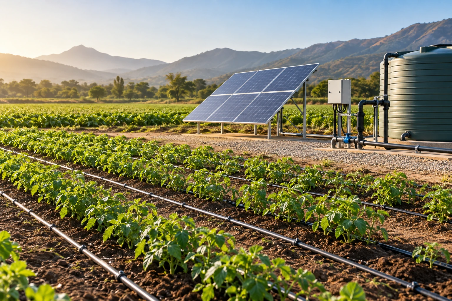 Illustrative solar-powered drip irrigation with panels, controller and water tank