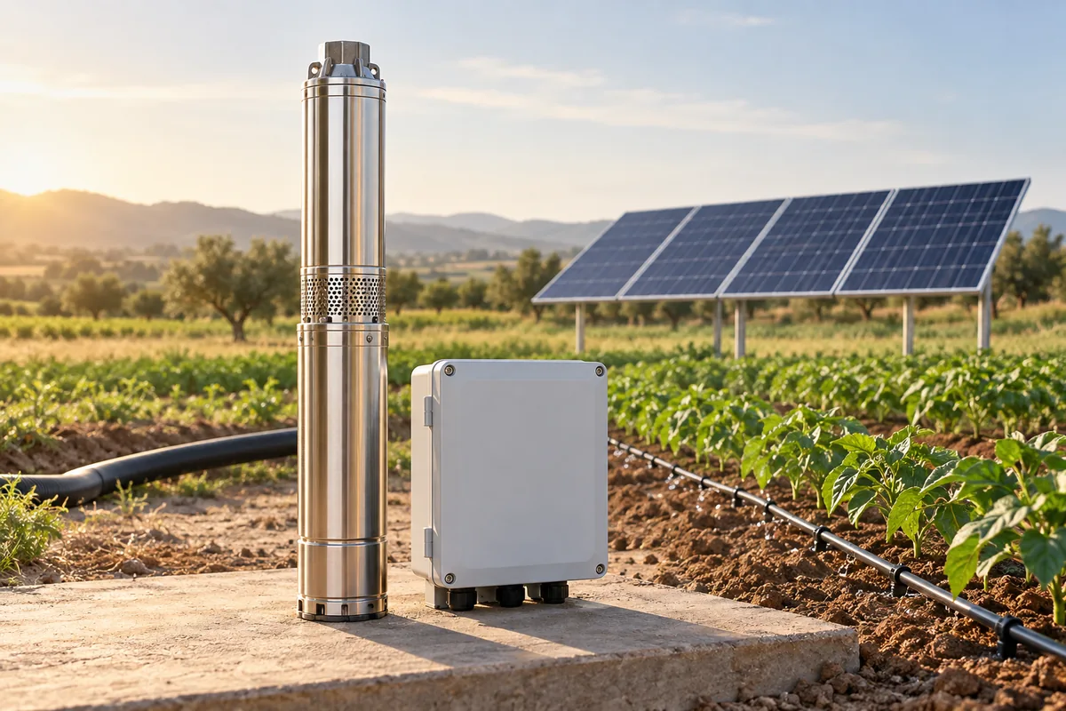 AI illustration of a solar pump, controller, photovoltaic panels and drip-irrigation rows